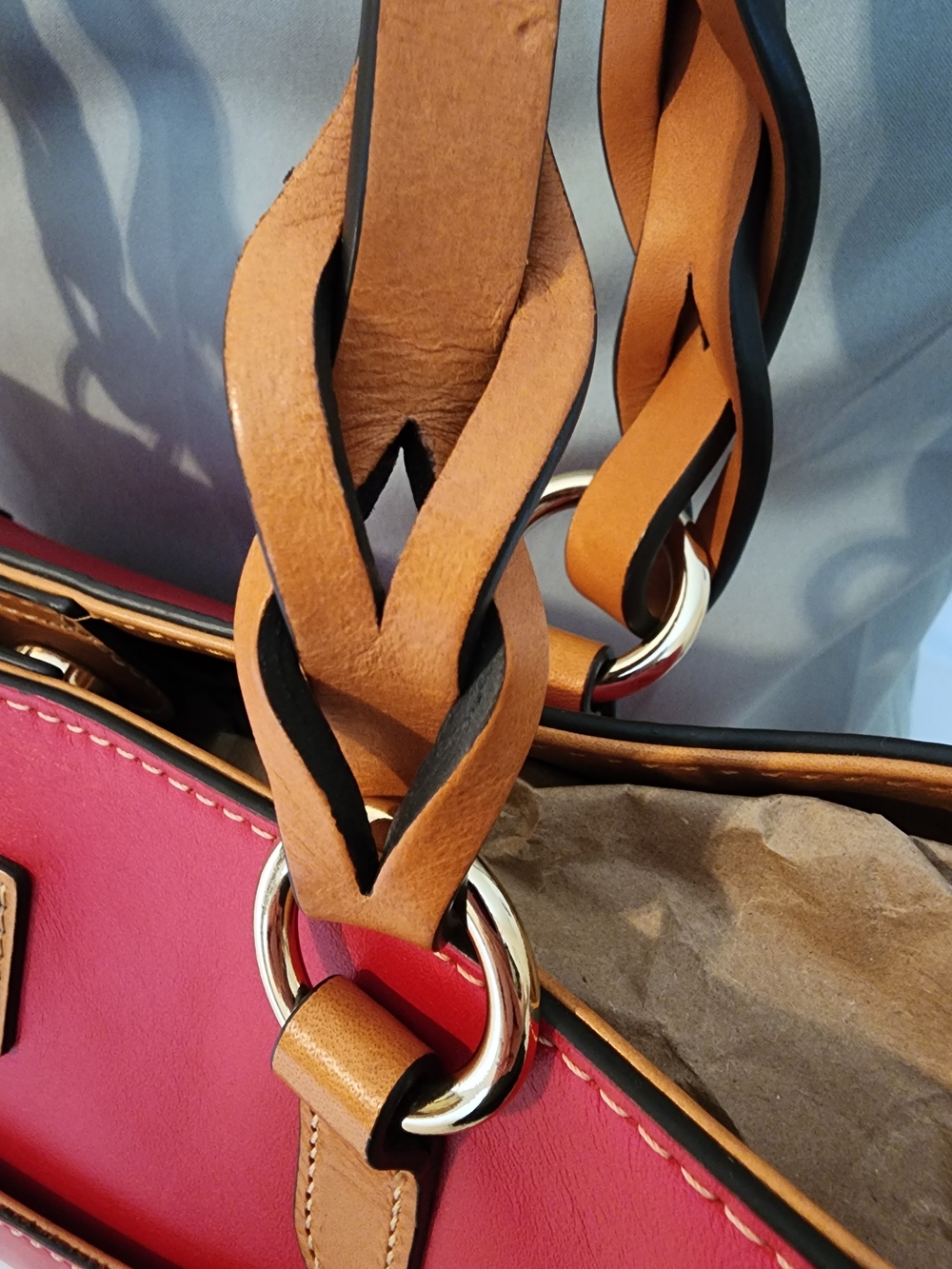 Dooney & Bourke Red Leather Tote with Tan Handles - Picture 3 of 14